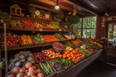 vegetable stand with variety of fruits and vegetables on display, created with generative aiの素材