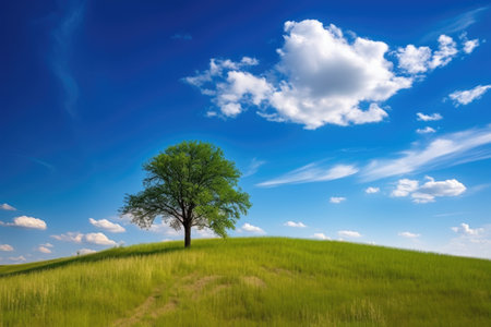 serene landscape with single tree against blue sky, created with generative aiの素材