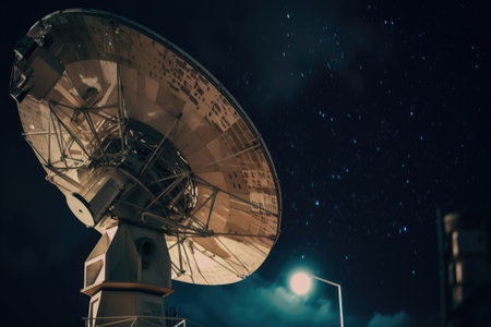 close-up of satellite dish, transmitting and receiving signals in the night sky, created with generative aiの素材