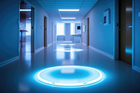 smart lighting system embedded in hospital floor, guiding patients to specific areas, created with generative aiの素材