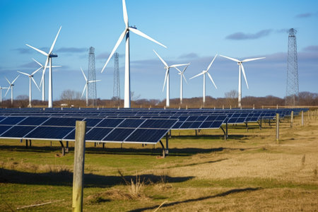solar panel farm, with rows of panels and turbines in the background, created with generative aiの素材