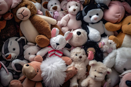 a pile of plush toys, ready for playtime, created with generative aiの素材