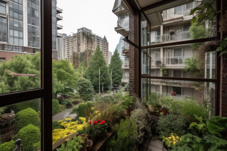 beautiful garden, with window view of bustling city street, created with generative aiの素材