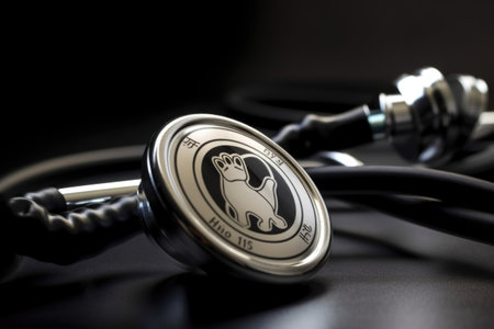 close-up of veterinary stethoscope, with the medical symbol visible, created with generative aiの素材