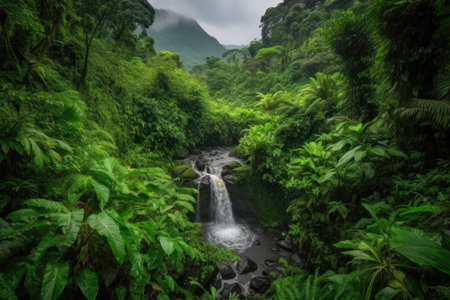cascading waterfall surrounded by lush greenery, with a view of the mountain range in the background, created with generative aiの素材