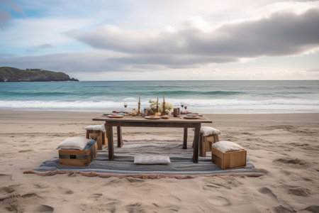 picnic setup at the beach with view of the ocean and sand, created with generative aiの素材