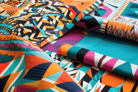 abstract textiles with bold geometric patterns and vibrant colors, created with generative aiの素材
