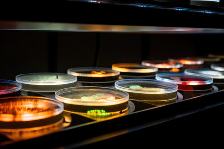 microbial culture growing in petri dish with the help of specialized lighting, created with generative aiの素材