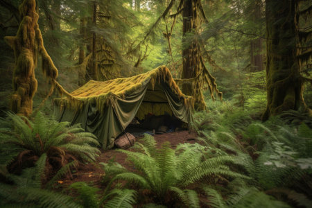a rugged tent in a forest, surrounded by towering trees, created with generative aiの素材
