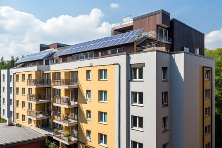 solar panels on the roof of a modern apartment building in the city, created with generative aiの素材