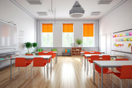 stylish classroom with minimalist design, whiteboard and bright accent colors, created with generative aiの素材