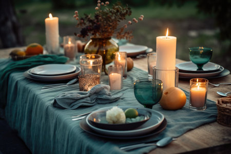 stylish outdoor table setting with chargers, candles, and cloth napkins, created with generative aiの素材