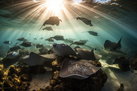 school of rays swimming together in their natural habitat, created with generative aiの素材
