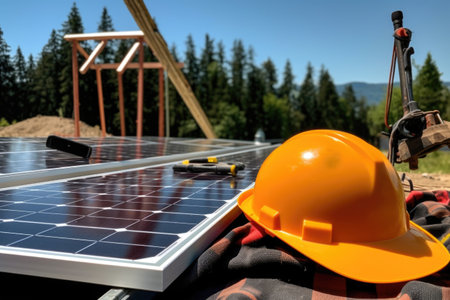 solar panel installation, with hard hats and tools in the background, created with generative aiの素材
