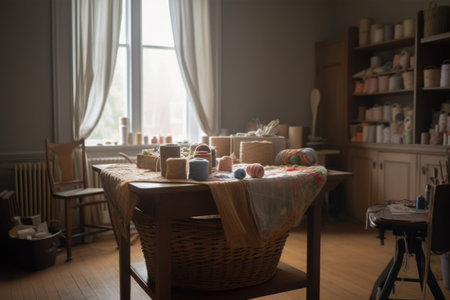sewing room, with basket of fabric and tools on the table, created with generative aiの素材