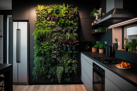 vertical garden with herbs and succulents on the wall in kitchen, created with generative aiの素材