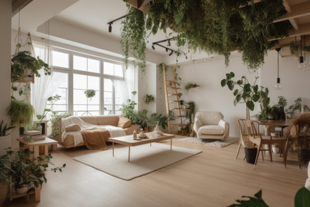 a minimalist interior with thriving indoor plants, adding a natural and colorful touch, created with generative aiの素材