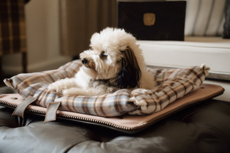 luxury pet bed with designer pillow, fuzzy blanket and matching leash, created with generative aiの素材