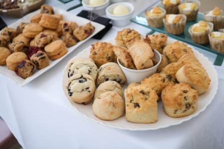 a tray of tea sandwiches, scones and muffins on a white tablecloth, created with generative aiの素材