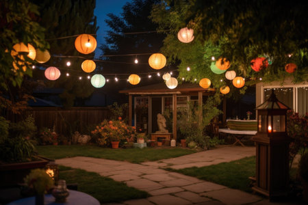 outdoors, with surrounding garden and lanterns, for dance, created with generative aiの素材