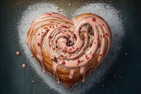 heart-shaped cinnamon roll with drizzle of icing and sprinkles, created with generative aiの素材