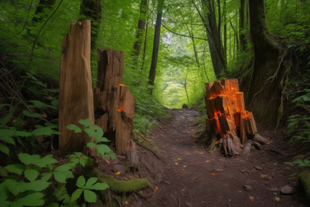 blazing trail markers leading the way to a hidden waterfall, created with generative aiの素材