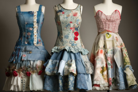 upcycling clothes into unique and statement pieces, such as dresses with applique or embroidery, created with generative aiの素材