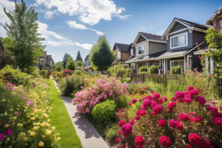 suburban neighborhood, with lush greenery and flowers in full bloom, created with generative aiの素材