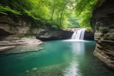majestic waterfall cascading into tranquil pool or rushing river, created with generative aiの素材