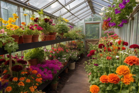 greenhouse with hanging baskets of vibrant flowers, created with generative aiの素材