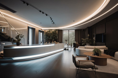 a smart home with a sleek and futuristic design, featuring futuristic furniture and lighting, created with generative aiの素材