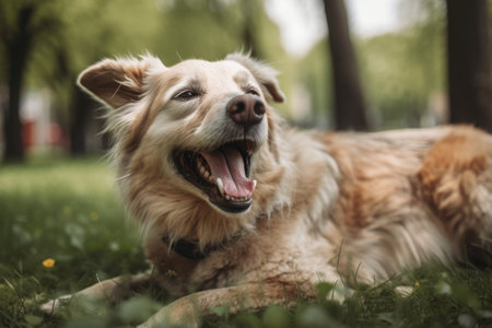 portrait of happy dog lying in park, with its head turned to the side and tongue hanging out, created with generative aiの素材