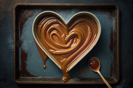 heart-shaped churros in a pool of hot chocolate, created with generative aiの素材
