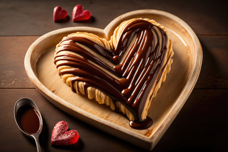 heart-shaped churro with heart-shaped drizzle of chocolate sauce, created with generative aiの素材
