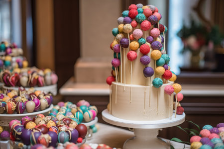 decorated cake pop tower with different colored pops and cascading vines of icing, created with generative aiの素材