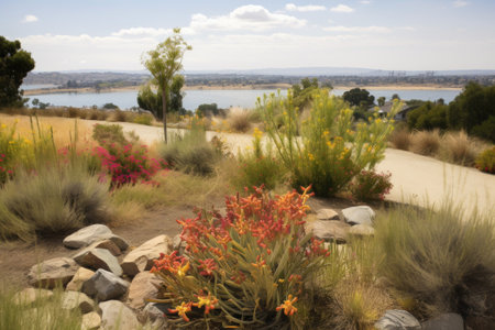 landscape with drought-tolerant and native plants in foreground, distant view of ocean or lake, created with generative aiの素材