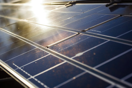close-up of solar panel, with sunlight shining through, created with generative aiの素材
