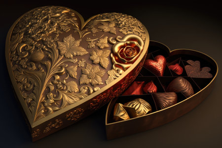 close-up of heart-shaped box, with the chocolates or truffles in full view, created with generative aiの素材