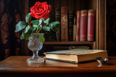 red rose in a vase on a wooden table, surrounded by books and antique furniture, created with generative aiの素材