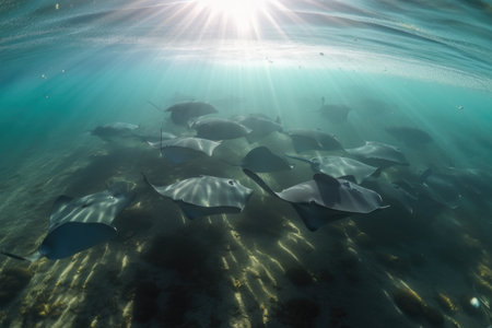 school of rays swimming in crystal-clear waters, created with generative aiの素材