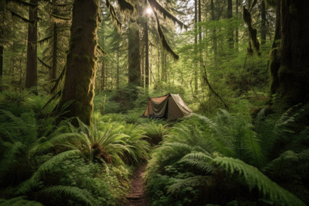 a tent in a lush and green forest surrounded by towering trees, created with generative aiの素材
