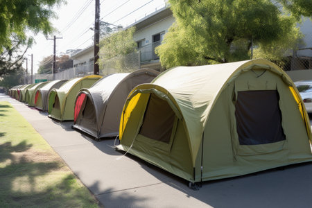 tents and shelters in a row, each with its own design and purpose, created with generative aiの素材
