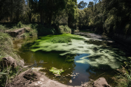 swimming hole filled with algae and other weeds due to agricultural runoff, created with generative aiの素材