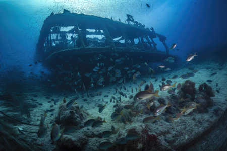 underwater view of shipwreck, surrounded by schools of fish and debris from the wreck, created with generative aiの素材
