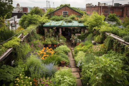 green rooftop garden, filled with lush plants and flowers, created with generative aiの素材