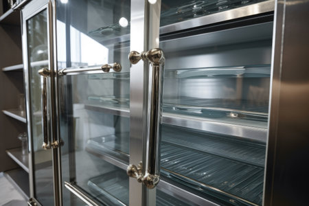 close-up of a well-kept walk-in refrigerator with glass shelves and metallic handles, created with generative aiの素材