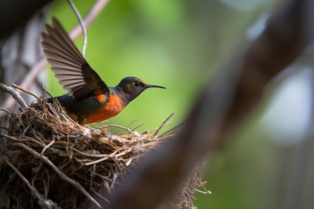 hummingbird spreading its wings and learning to fly for the first time, created with generative aiの素材