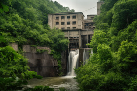hydroelectric power plant in the midst of lush green forest, with cascading waterfalls, created with generative aiの素材