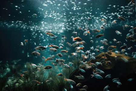 a school of fish swim in a serene tank, creating an underwater ballet, created with generative aiの素材
