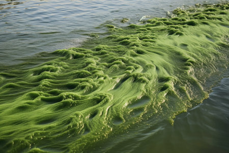 close-up of algae bloom in a lake, the result of agricultural runoff, created with generative aiの素材